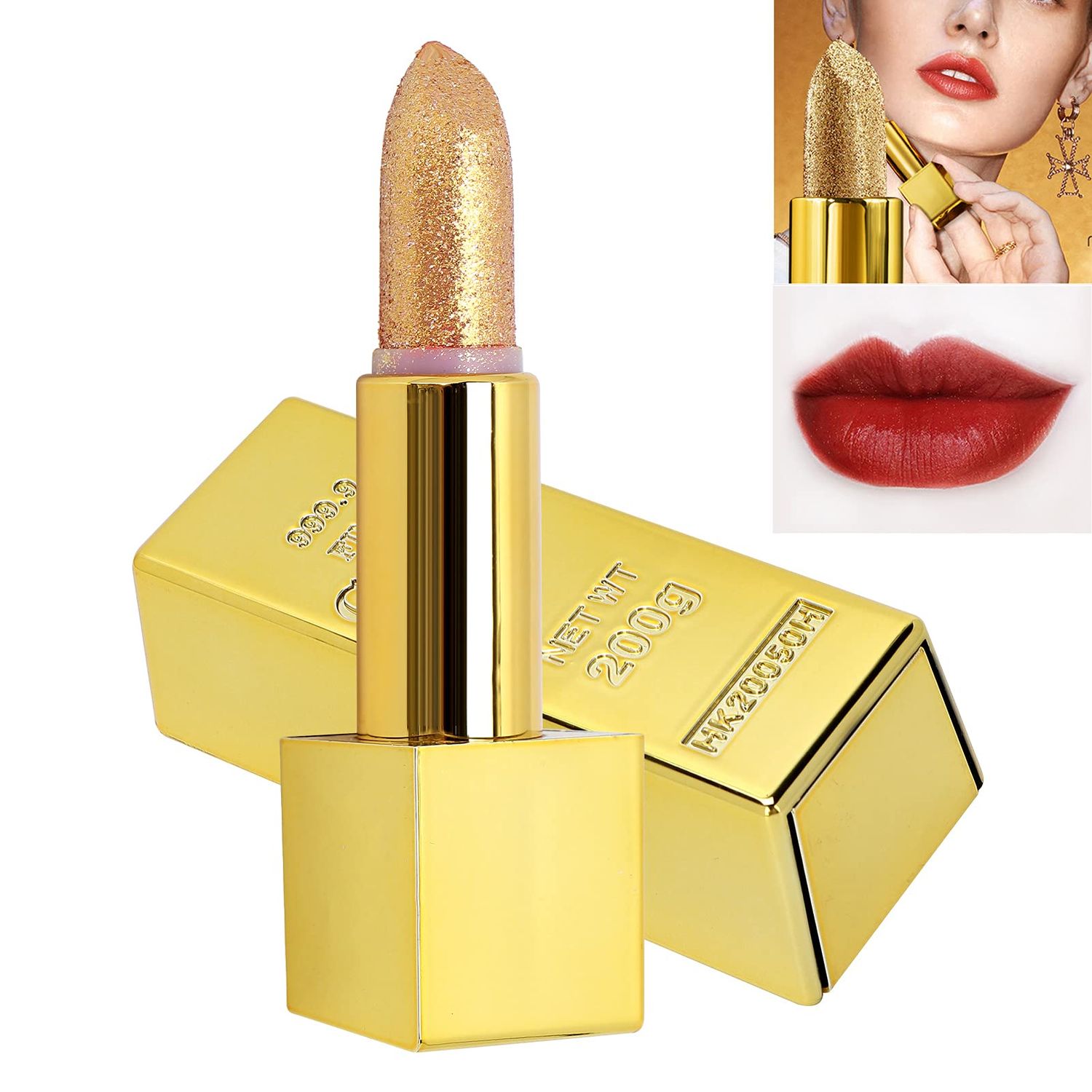 Lipstick, Sparkle Lipstick Gold Bar Design Shimmering lipstick for long-lasting shine &amp; intense color Waterproof Long-lasting Moisturizing Smooth Lips Make-up Cosmetics 3.5g(06)