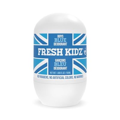 Fresh Kidz Roll On Deodorant for Kids and Teens - Baking Soda and Aluminum-free 24 Hour Protection for Sensitive Skin - Boys &quot;Blue&quot; 1.86 fl.oz.