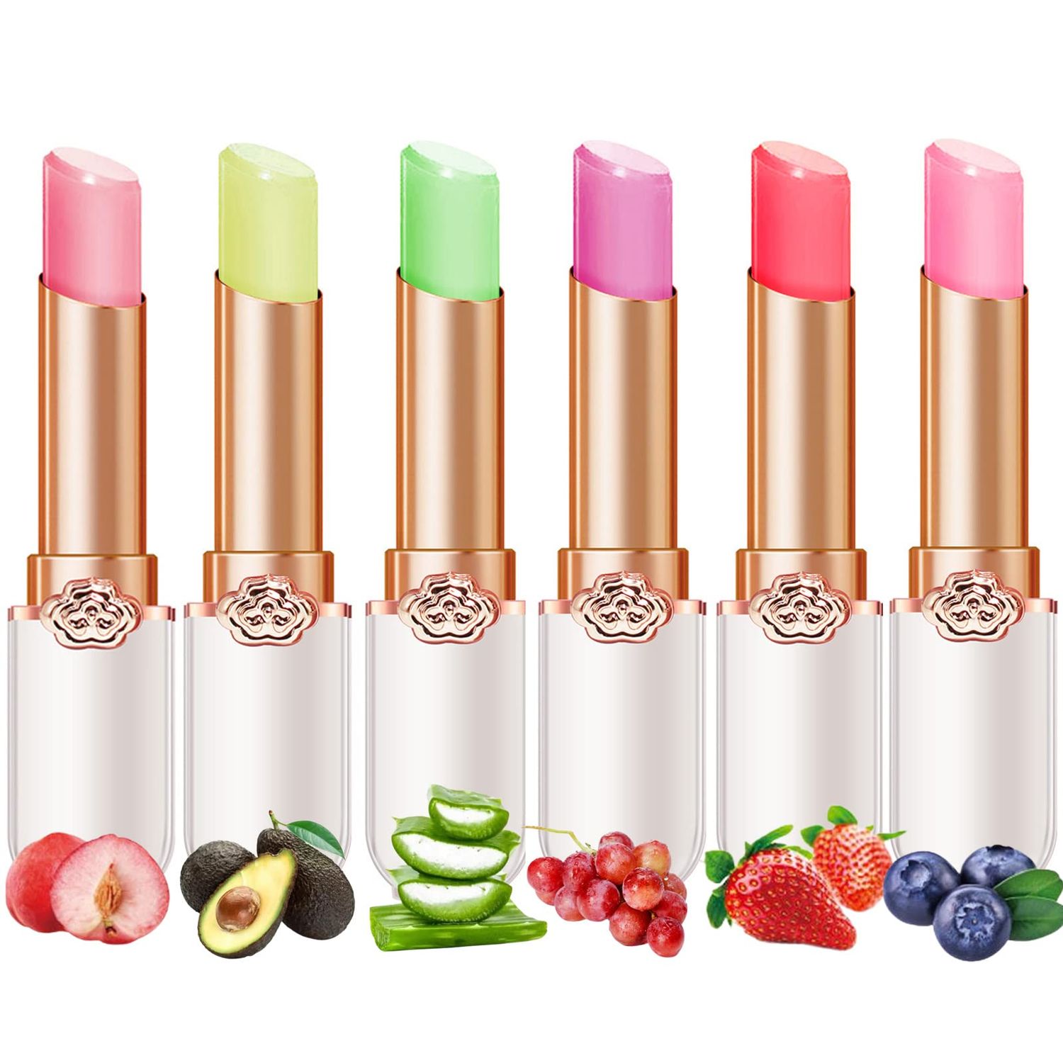 6 PcsSet Peach Aloe Vera Strawberry Blueberry Avocado Grape Jelly Lipstick Set Temperature Change Moisturizer flower Lip Stick Long Lasting Nutritious Lip Balm Magic Color Change Lip Gloss