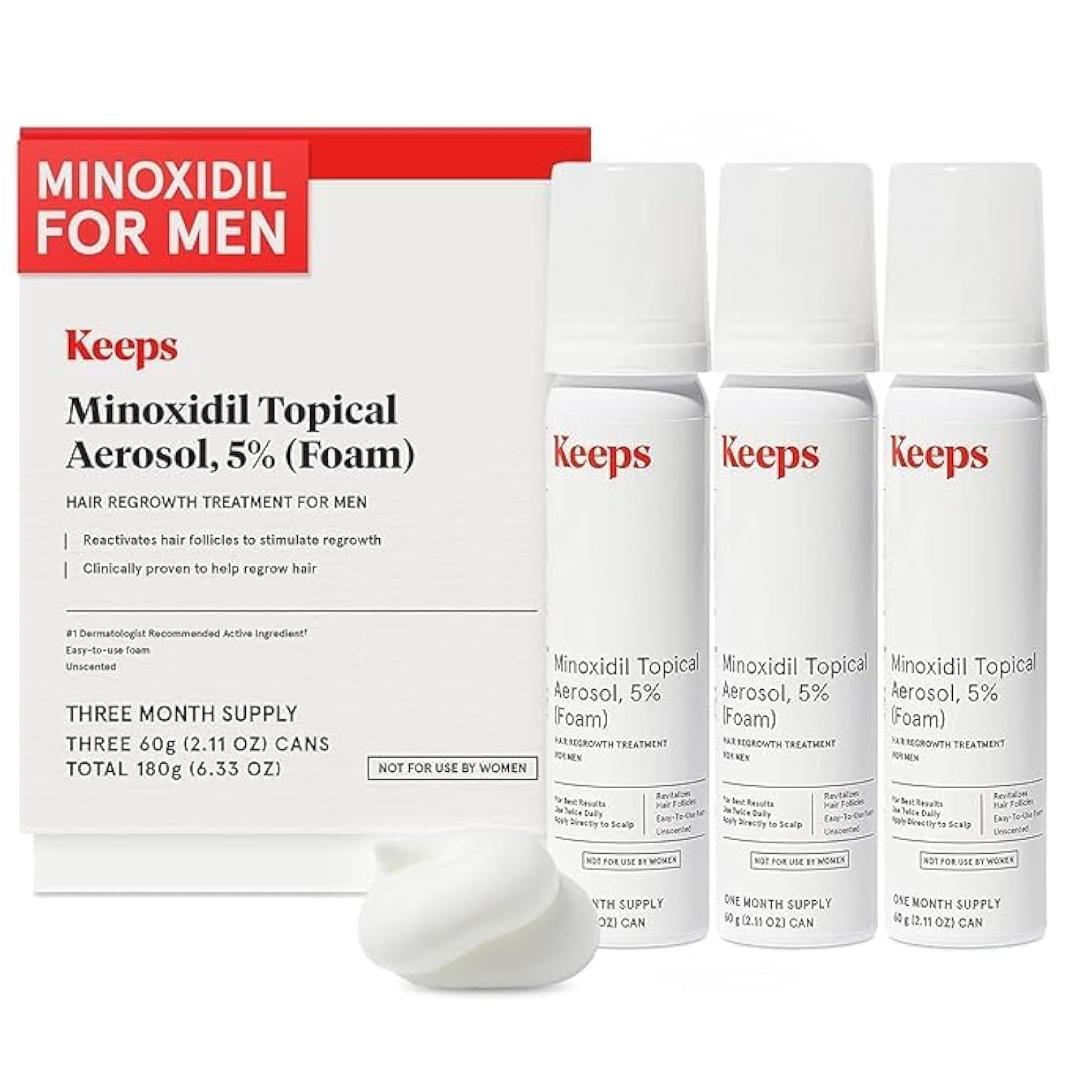 Keeps Extra Strength Minoxidil for Men Topical Aerosol Foam 5%, Hair Growth Treatment - 3 Month Supply (3 x 2.11oz Bottles) - Thicker, Longer Hair - Slows Hair Loss &amp; Promotes Hair Regrowth