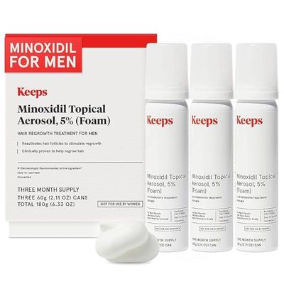 Keeps Extra Strength Minoxidil for Men Topical Aerosol Foam 5%, Hair Growth Treatment - 3 Month Supply (3 x 2.11oz Bottles) - Thicker, Longer Hair - Slows Hair Loss &amp; Promotes Hair Regrowth