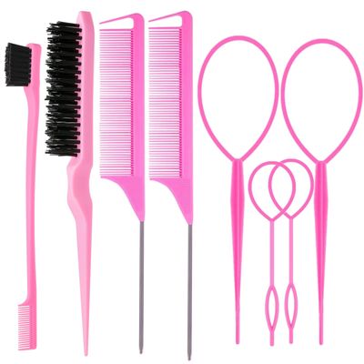ZVOREI 8Pcs Hair Brushes Set with 4Pcs Topsy Hair Tail Tools 1Pcs Bristle Teasing Hair Brush 1Pcs Edge Control Brush 2Pcs Metal Pin Rat Tail Combs for Woman Girl Hair Styling,Edge&amp;Back Brushing Pink