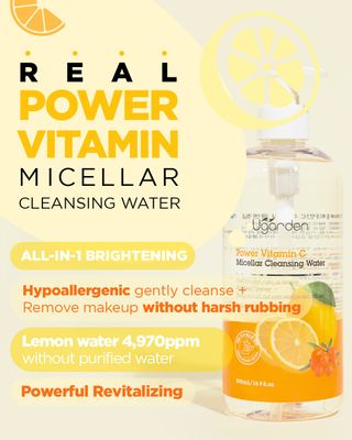 UGARDEN Power Vitamin C Micellar Cleansing Water, pH5.5 Rinse-Free Perfect Facial Makeup Remover, Hydrates &amp; Brighten Skin, Dermatology Tested for Sensitive Skin, 16.9 fl.oz.