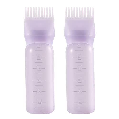 Pimoys Root Comb Applicator Bottle 6 Ounce, 2 Pack Oil Applicator for Hair Dye, Bottle Applicator Brush with Graduated Scale, Purple