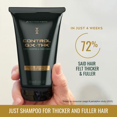Just for Men Control GX THK Thickening Shampoo and Conditioner with Grey Reduction, Shampoo for Thinning Hair with Alpha Keratin, Thickens Hair Up to 20%, Works with Every Hair Texture, 4 oz