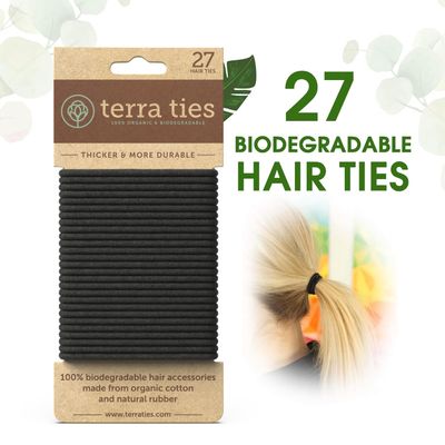 BIODEGRADABLE Elastic Hair Ties for Women &amp; Men - Organic No Crease Black Hair Tie Ponytail Holders and Hairties for Buns - Plastic Free Hairbands for Women and Mens Hair - 5mm (27 count)