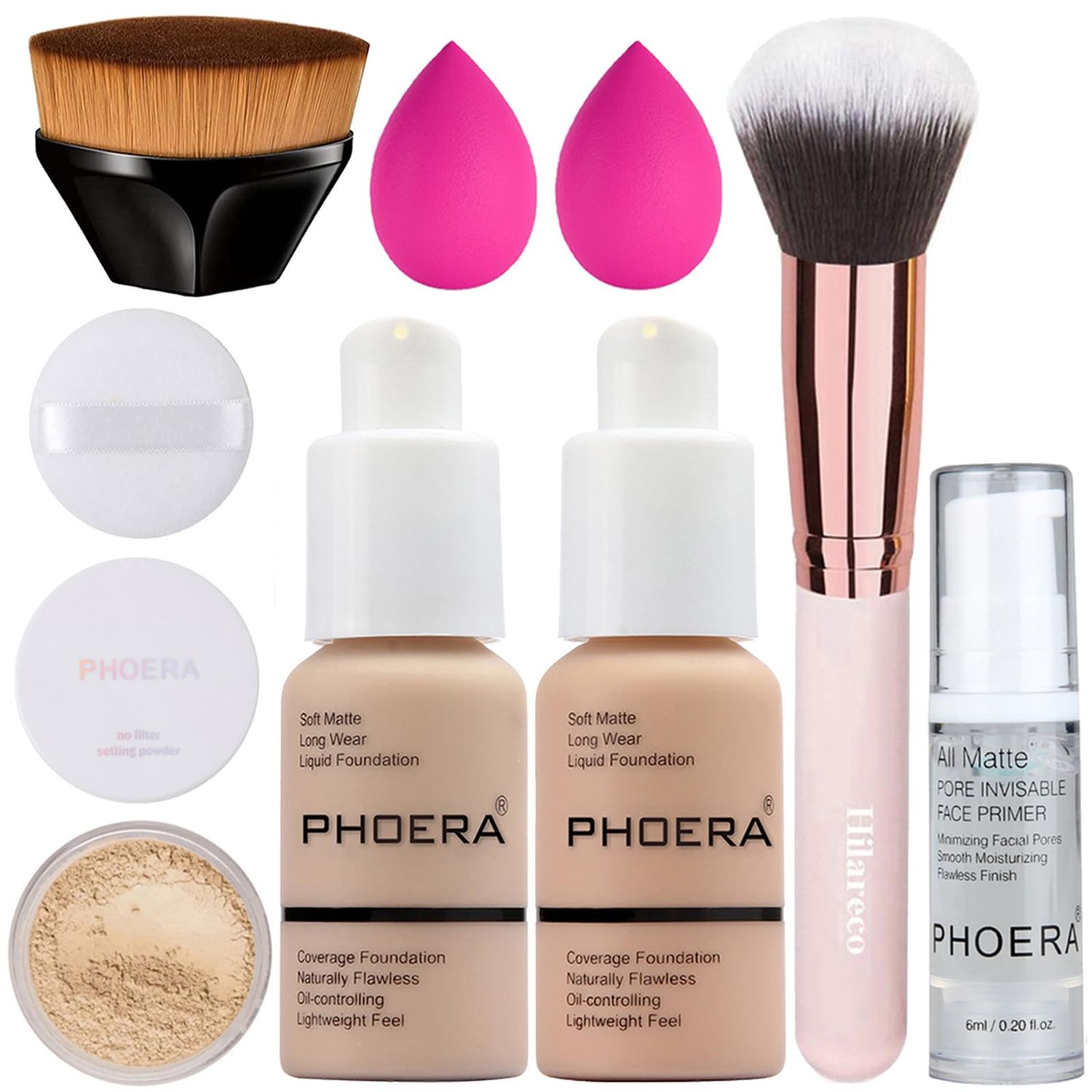 PHOERA Foundation, Full Coverage Foundation, PHOERA Primer, PHOERA Powder, PHOERA Makeup Set, Kabuki Makeup Brushes Foundation Brush Powder Brush,2 Pcs Makeup Sponge (102 Nude  103 Warm peach)