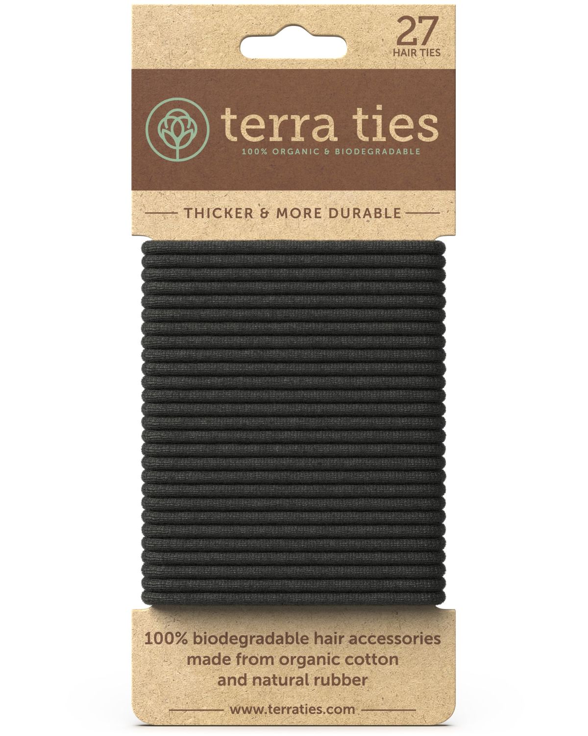 BIODEGRADABLE Elastic Hair Ties for Women &amp; Men - Organic No Crease Black Hair Tie Ponytail Holders and Hairties for Buns - Plastic Free Hairbands for Women and Mens Hair - 5mm (27 count)