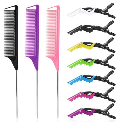 Rat Tail and Parting Combs with Styling Clips 3 Metal Teasing Combs for Braids, 7 Professional Sectioning Hair Clips