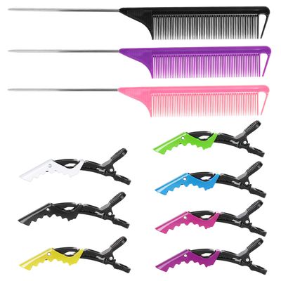 Rat Tail and Parting Combs with Styling Clips 3 Metal Teasing Combs for Braids, 7 Professional Sectioning Hair Clips