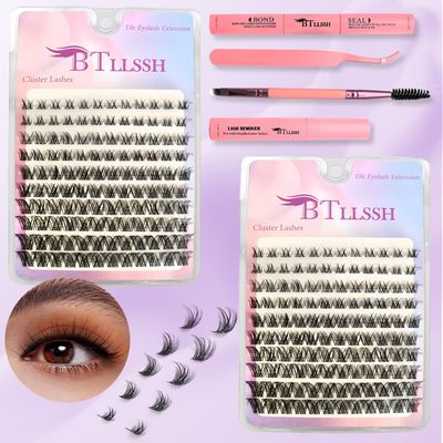BTLLSSH Lash Extension Kit DIY 240pcs Lash Clusters Eyelash Extension Kit Individual Lashes Kit with Lash Bond &amp; Seal Remover Lash Tweezers for Self Use (003C-0.31-0.63INCH-WovenStyle)