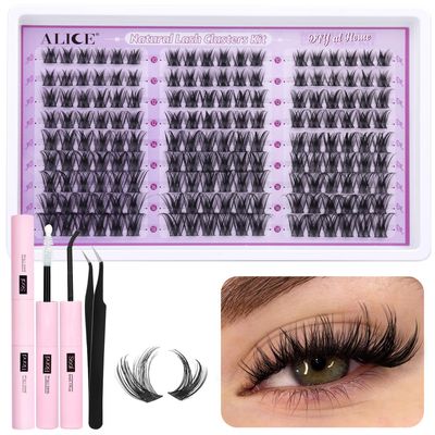 ALICE Wispy Lash Clusters Kit Natural Fluffy Lash Extension Kit Cluster Eyelash Extension Kit 162pcs C Curl 10-18mm Eyelash Clusters with Lash Glue Bond and Seal Lash Tweezers