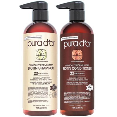 PURA D&#39;OR Professional Grade Clinically Formulated Biotin Shampoo &amp; Conditioner For Hair Thinning - 2X Concentrated DHT Blocker Thickening Products For Women &amp; Men, Sulfate Free, 16oz x2