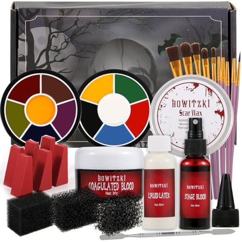 Bowitzki Halloween Makeup Kit Special Effect sfx Makeup,Liquid LatexScab BloodSpray Blood6 Colors Oil Based Face PaintSFX bruise wheelSkin WaxStipple SpongesLatex free SpongesSpatulaBrushes