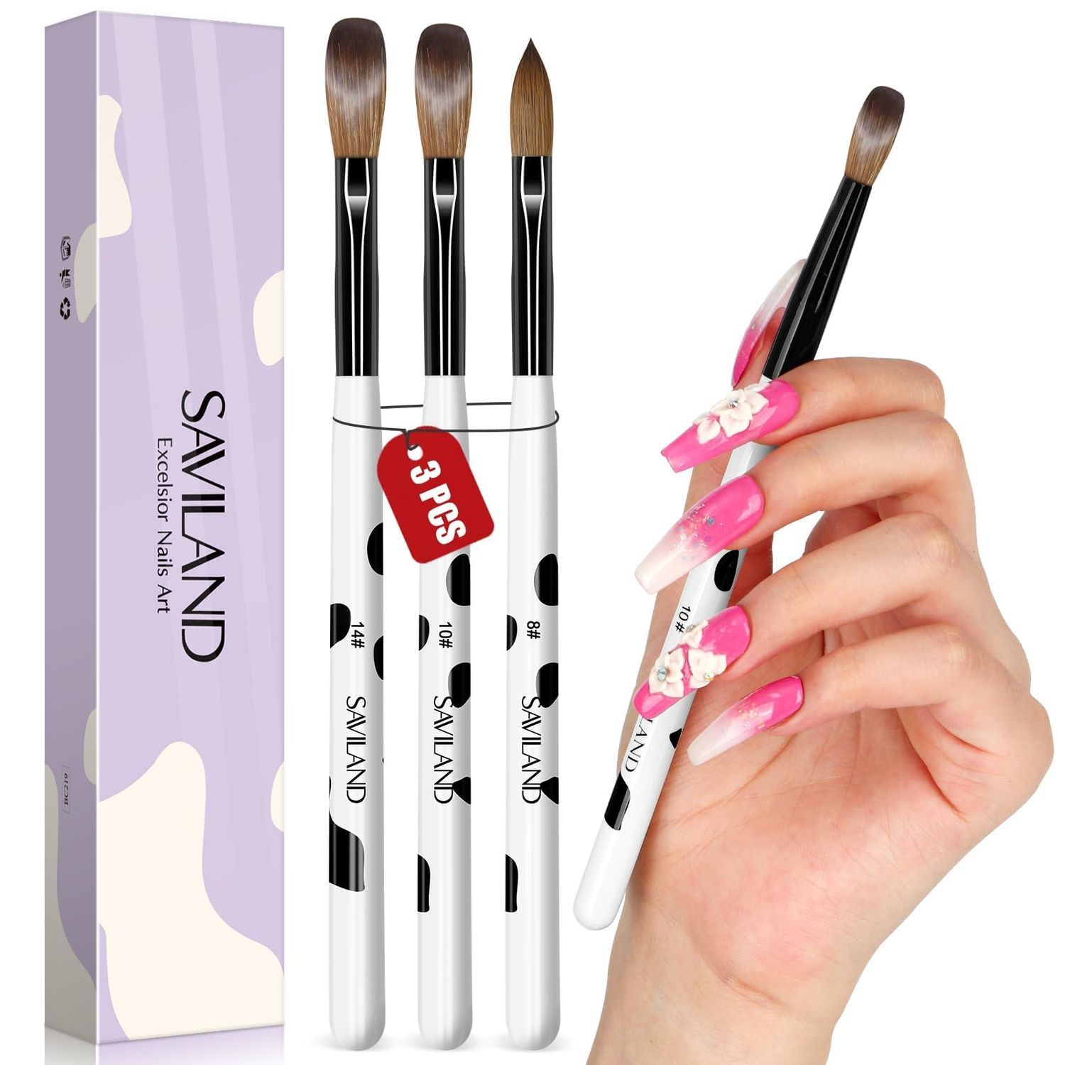 Saviland 3pcs Acrylic Nail Brush Set, Size 81014 Kolinsky Acrylic Nail Brushes for Acrylic Application, Acrylic Powder Nail Art Extension with Black &amp; White Handle for Beginner &amp; Professional