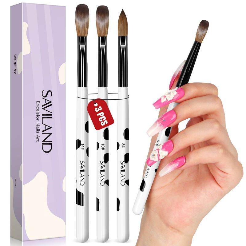 Saviland 3pcs Acrylic Nail Brush Set, Size 81014 Kolinsky Acrylic Nail Brushes for Acrylic Application, Acrylic Powder Nail Art Extension with Black &amp; White Handle for Beginner &amp; Professional