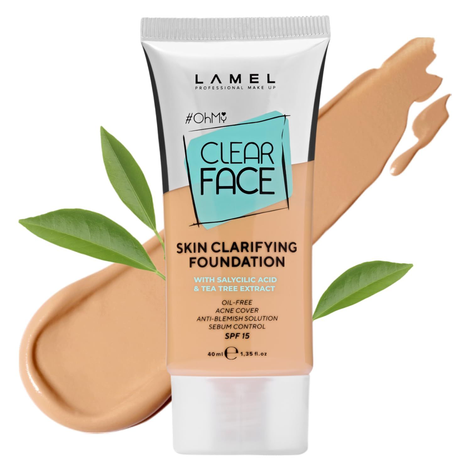 Lamel - Oh my Clear Face Foundation-404 Custard | Contains tea tree extract and salicylic acid |Controls sebum production |Anti-blemish formula |Oil free foundation | 40ml