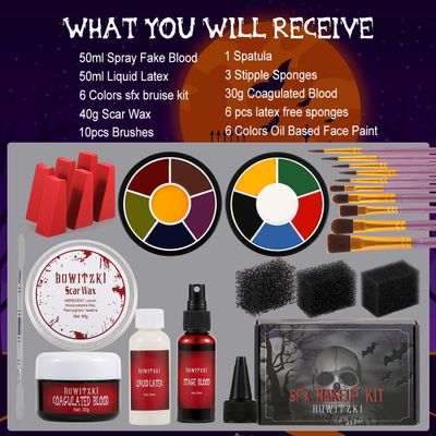 Bowitzki Halloween Makeup Kit Special Effect sfx Makeup,Liquid LatexScab BloodSpray Blood6 Colors Oil Based Face PaintSFX bruise wheelSkin WaxStipple SpongesLatex free SpongesSpatulaBrushes