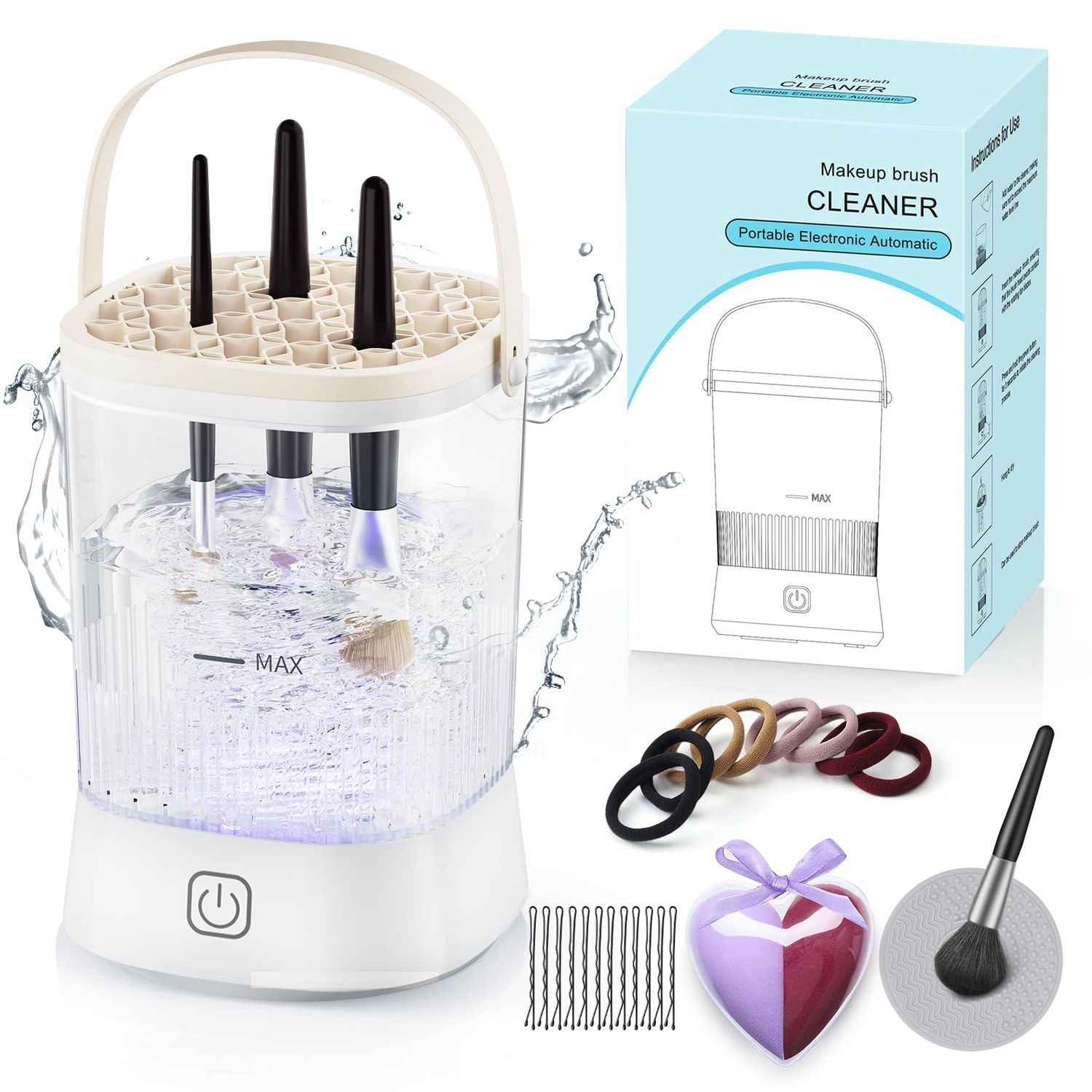 Electric Makeup Brush Cleaner - 9000 RPM Makeup Brush Cleaning Machine, IP65 Waterproof Automatic Makeup Brush Cleaner for Makeup Sponges and Brushes(White)
