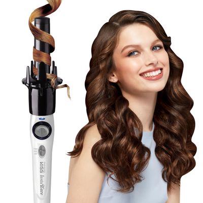 KISS Instawave Deluxe Automatic Rotating Curling Iron, Patented Automotic Spinner, 2-Way Rotation, 1 Ceramic Ionic Wand, Dual Heat Settings, 420 Max Temperature, Black &amp; White
