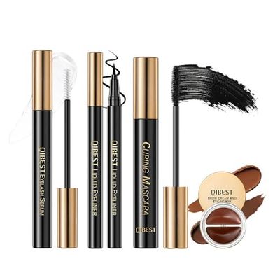 4 Pcs Eye Makeup set.Makeup set with two-tone eyebrow balm, long-lasting eyeliner, mascara,Lash Serum. Gift Kit for Women Girls