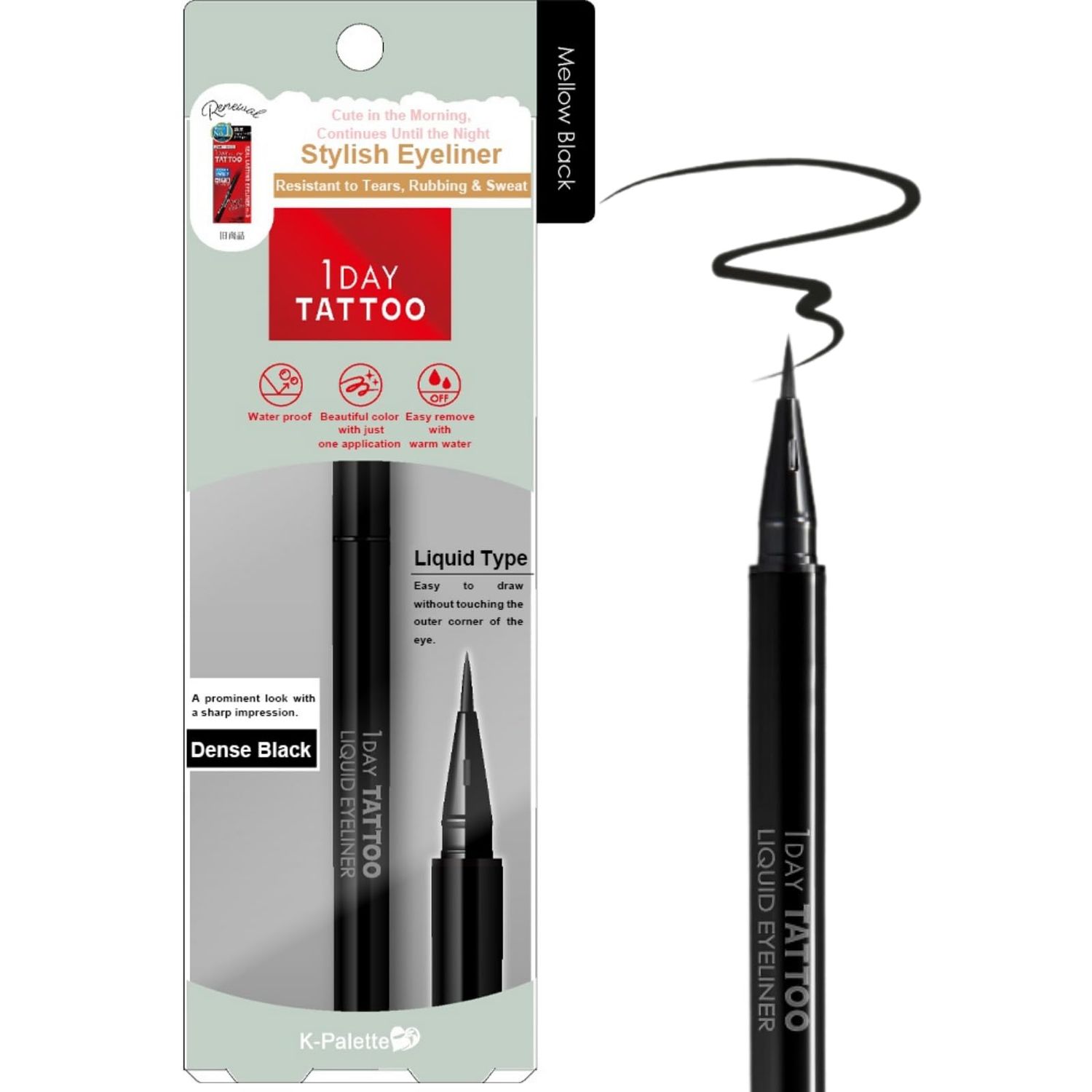 K-Palette 1Day Tattoo Waterproof Liquid Eyeliner Pen, Precision Tip for Long-Lasting, Smudge-Proof Eyeliner, Stay-All-Day Liquid Eyeliner, Bold &amp; Vibrant Colors, 01 Mello Black