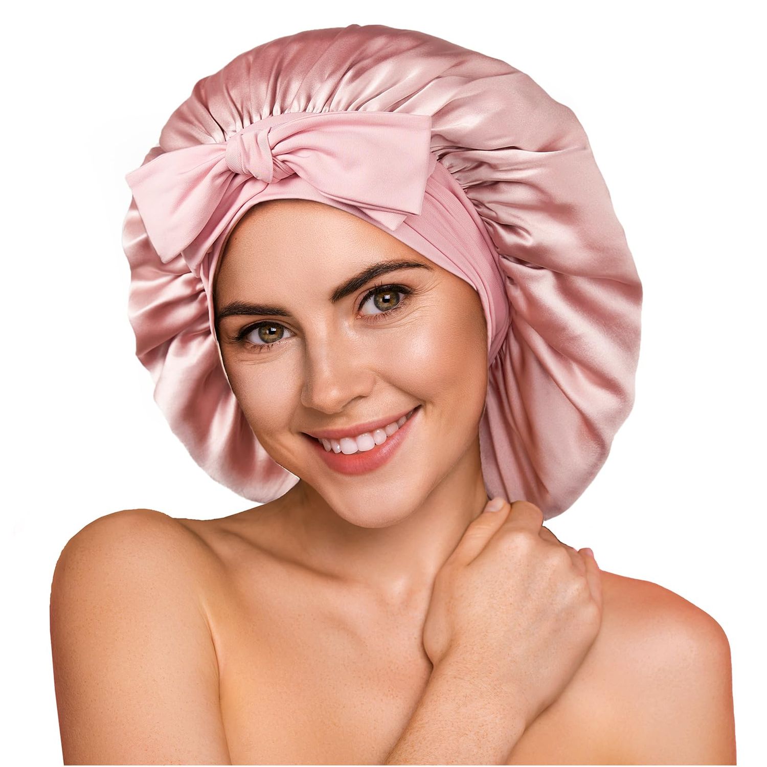 YFONG 100% 22 Momme Mulberry Silk Bonnet for Sleeping Women - Larger Double Layer Silk Hair Wrap - Non-Slip Silk Turban - Hair Silk Bonnet for Sleeping Women - Silk Cap for Sleeping, Pink