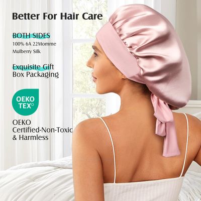 YFONG 100% 22 Momme Mulberry Silk Bonnet for Sleeping Women - Larger Double Layer Silk Hair Wrap - Non-Slip Silk Turban - Hair Silk Bonnet for Sleeping Women - Silk Cap for Sleeping, Pink