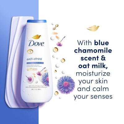 Dove Body Wash Anti-Stress Blue Chamomile &amp; Oat Milk 4 Count for Renewed, Healthy-Looking Skin Moisturizing Gentle Skin Cleanser with 24hr Renewing MicroMoisture 20 oz