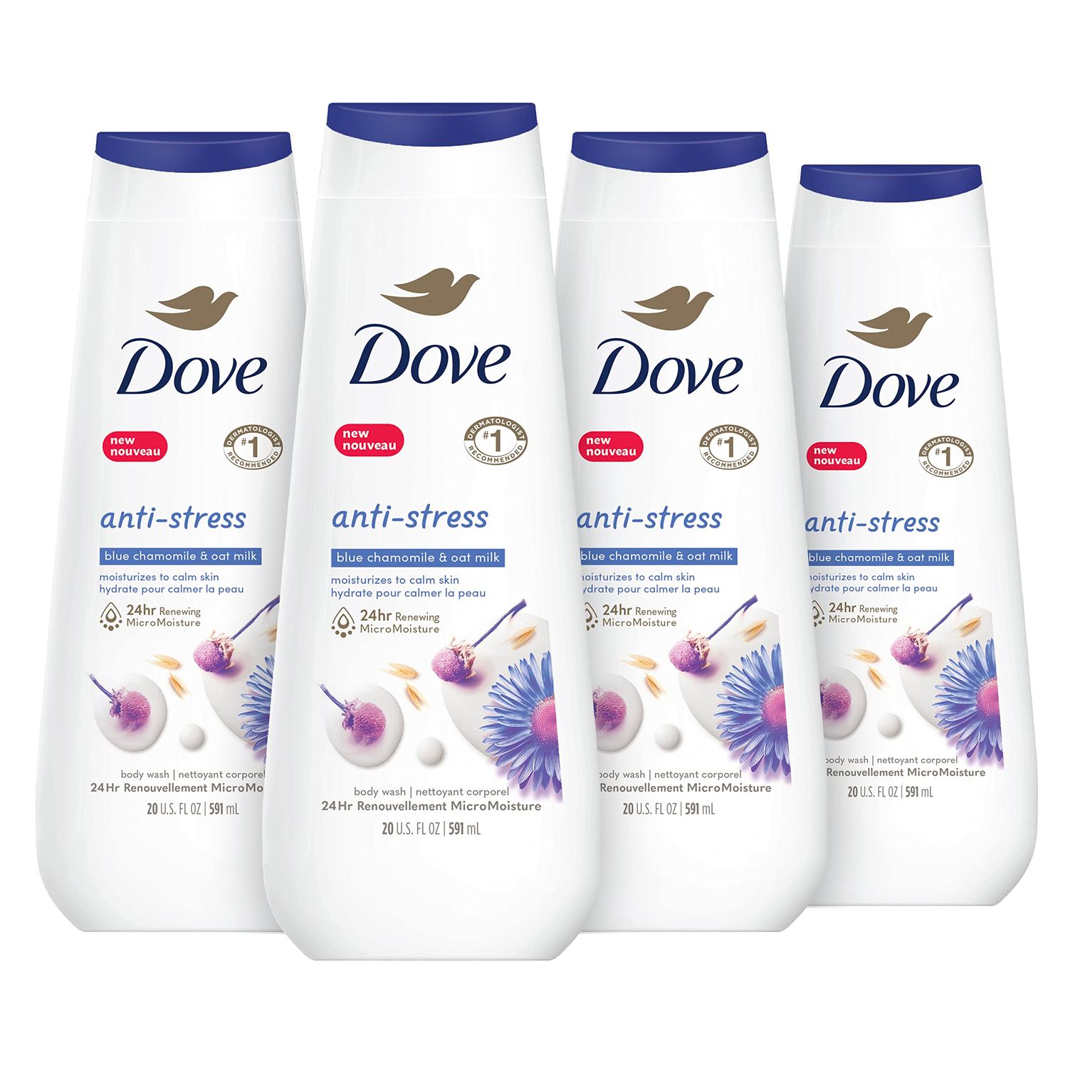 Dove Body Wash Anti-Stress Blue Chamomile &amp; Oat Milk 4 Count for Renewed, Healthy-Looking Skin Moisturizing Gentle Skin Cleanser with 24hr Renewing MicroMoisture 20 oz
