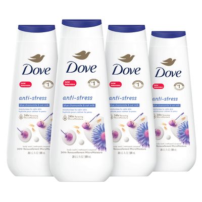 Dove Body Wash Anti-Stress Blue Chamomile &amp; Oat Milk 4 Count for Renewed, Healthy-Looking Skin Moisturizing Gentle Skin Cleanser with 24hr Renewing MicroMoisture 20 oz