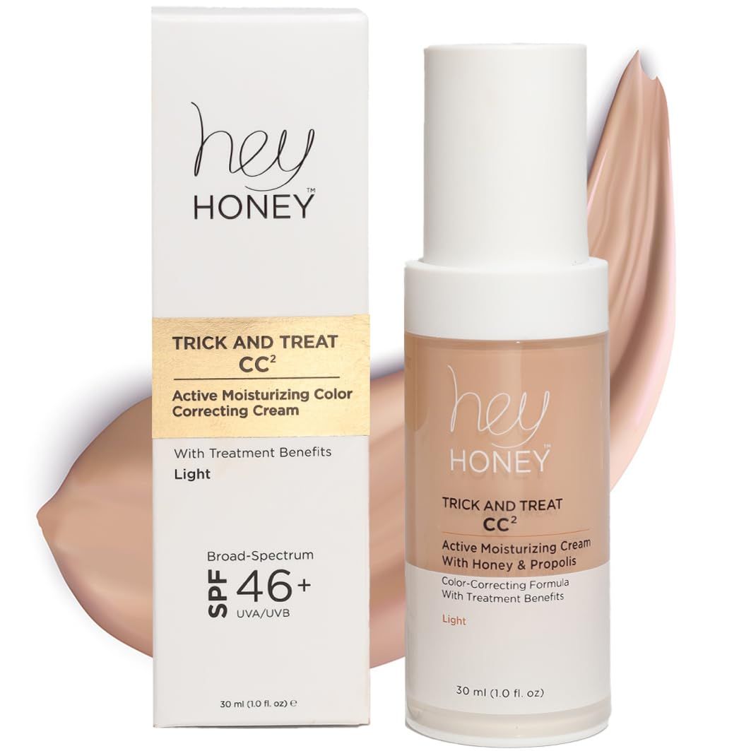 Hey Honey Trick and Treat CC Cream SPF 46 | Active Moisturizing Color Correcting Cream with Honey &amp; Propolis | Best Cover For Rosacea, Skin Redness &amp; Mature Skin | Cruelty-Free | 1 oz (Light Tone)