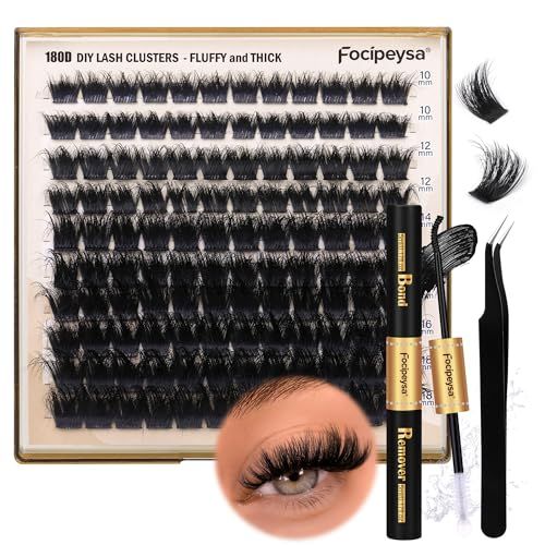 Eyelash Extension Kit Thick Lash Clusters Kit 10-18mm Fluffy Clusters Lashes 180D Individual Eyelashes Kit with Lash Bond, Lash Remover, Lash Applicator DIY Lash Extension by Focipeysa (180D-D Curl)