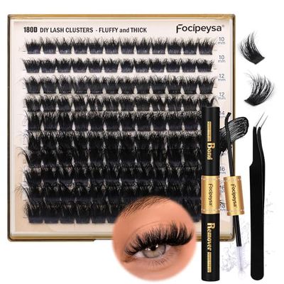 Eyelash Extension Kit Thick Lash Clusters Kit 10-18mm Fluffy Clusters Lashes 180D Individual Eyelashes Kit with Lash Bond, Lash Remover, Lash Applicator DIY Lash Extension by Focipeysa (180D-D Curl)