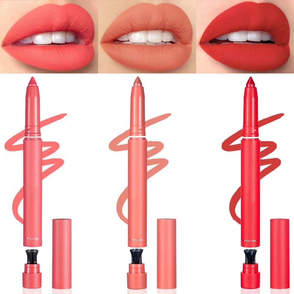 3 Colors Matt Nude Lipstick Lipliner Lip Crayons Pack Set,Velvet Moisture Smooth Matte Pencils,Waterproof&amp;Waterlasting