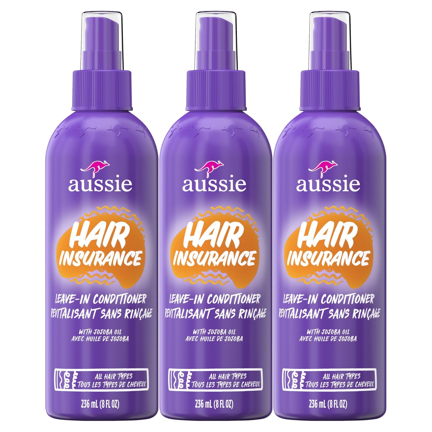 Aussie Hair Insurance Leave-In Conditioner Spray, Frizz Control, Softening with Jojoba &amp; Sea Kelp, Moisturizing Treatment for All Hair Types, Juicy Citrus, 8 Fl Oz Each, Triple Pack