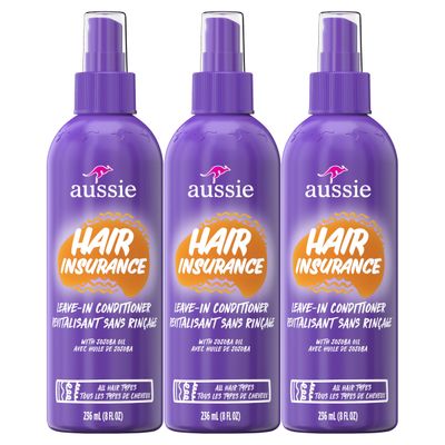 Aussie Hair Insurance Leave-In Conditioner Spray, Frizz Control, Softening with Jojoba &amp; Sea Kelp, Moisturizing Treatment for All Hair Types, Juicy Citrus, 8 Fl Oz Each, Triple Pack
