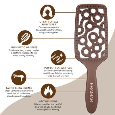 FRAMAR Chocolate Vented Hair Brush - Paddle Curved Hair Brush For Blow Drying, Wet Paddle Brush for Women Blow Drying