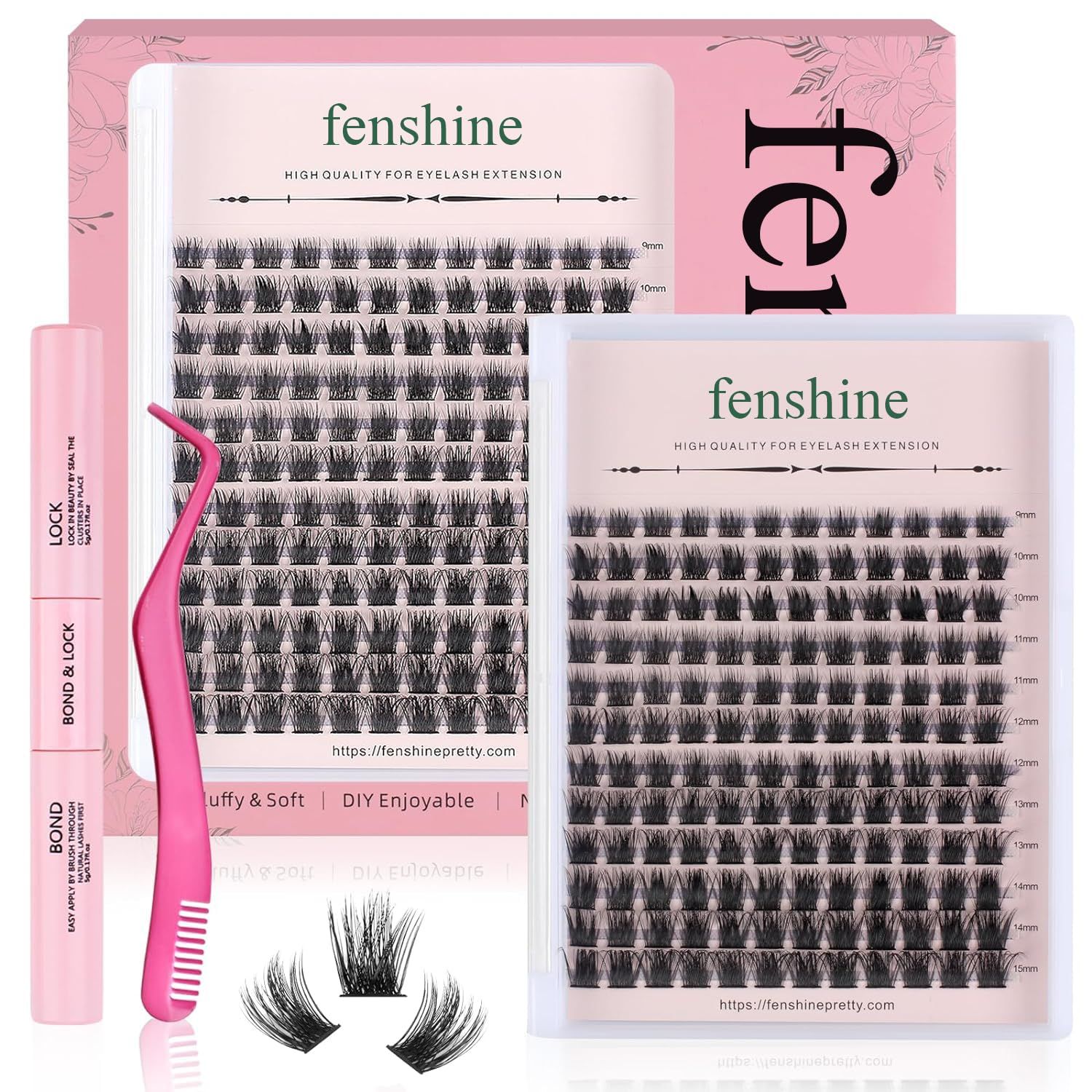 Fenshine Cluster Lashes Individual Lashes Wide Stem CD Curl 9-15mm Length DIY Eyelash Extension Individual Soft False Lashes for Personal Use at Home (144pcs Mix 9-15MM, Eyelash Extension Kit)