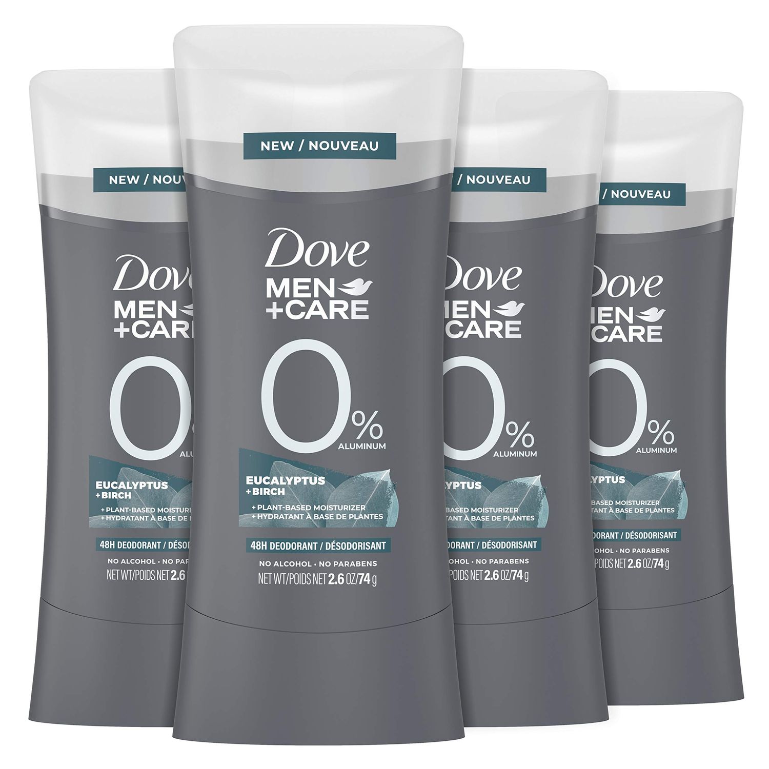 DOVE MEN  CARE Deodorant Stick for Men Aluminum free deodorant EucalyptusBirch Naturally Derived Plant Based Moisturizer, GRAY, 2.6 Ounce (Pack of 4)