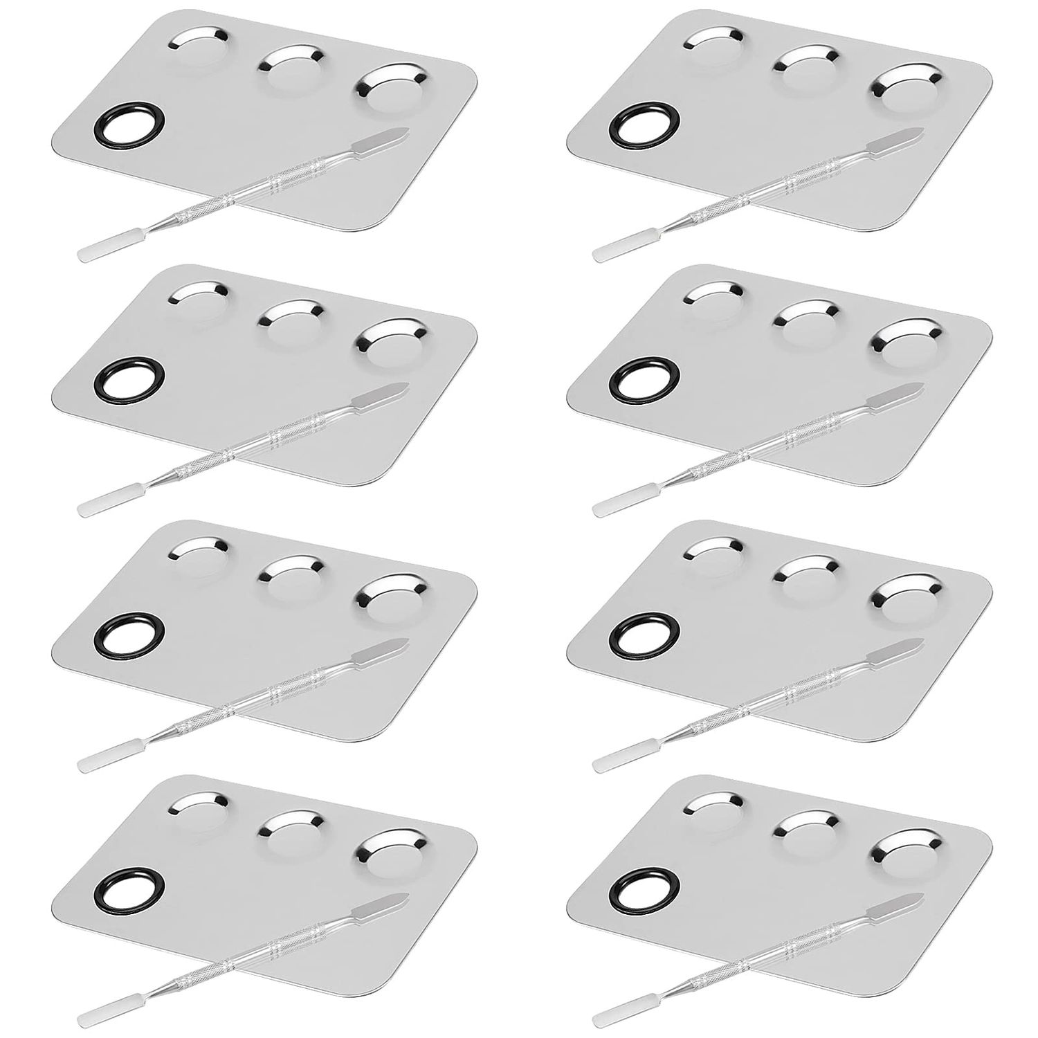 JAPCHET 8 PCS Mixing Makeup Palette, 3-Well Makeup Palette Mixer Tray, Stainless Steel Cosmetic Palette with 8 PCS Spatula Tool, Multipurpose Makeup Applicators for Nail-Art, Cosmetic, Pigment