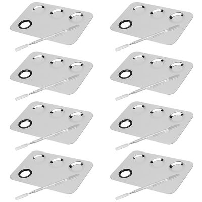 JAPCHET 8 PCS Mixing Makeup Palette, 3-Well Makeup Palette Mixer Tray, Stainless Steel Cosmetic Palette with 8 PCS Spatula Tool, Multipurpose Makeup Applicators for Nail-Art, Cosmetic, Pigment