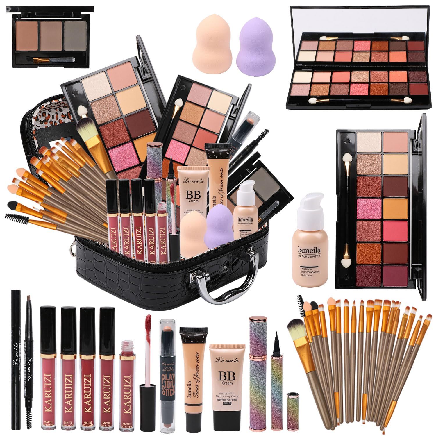 All in One Makeup Kit Full Kit Multipurpose Essential with Eyeshadow Palette,Lip Gloss,Foundation,Mascara,Eyebrow Pencil,Eyeliner,Contour Stick,Makeup Brushes,Cosmetic Bag Makeup Set for Women (DA112)