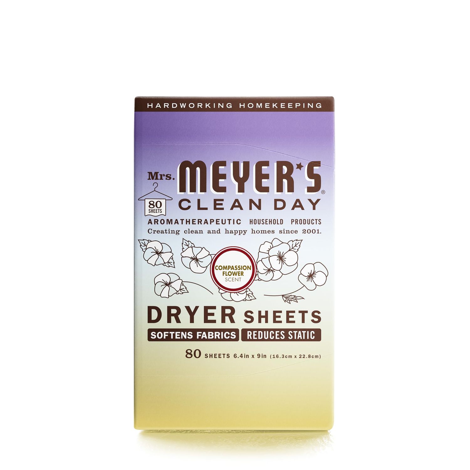 MRS. MEYER&#39;S CLEAN DAY Dryer Sheets, Fabric Softener, Reduces Static, Infused with Essential Oils, Compassion Flower, 80 Count