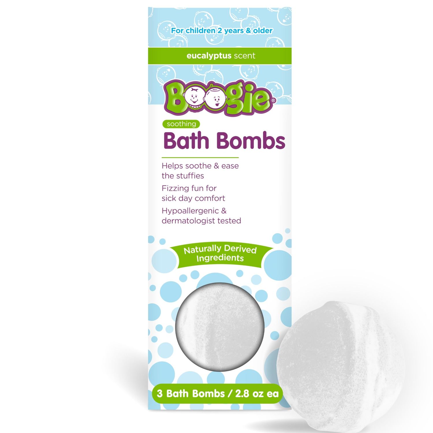 Boogie Kids Bath Bombs, Calming, Naturally Derived, Made with Aloe and Calming Vapors, Eucalyptus, 3 Bath Bombs, 2.8 oz, Pack of 1