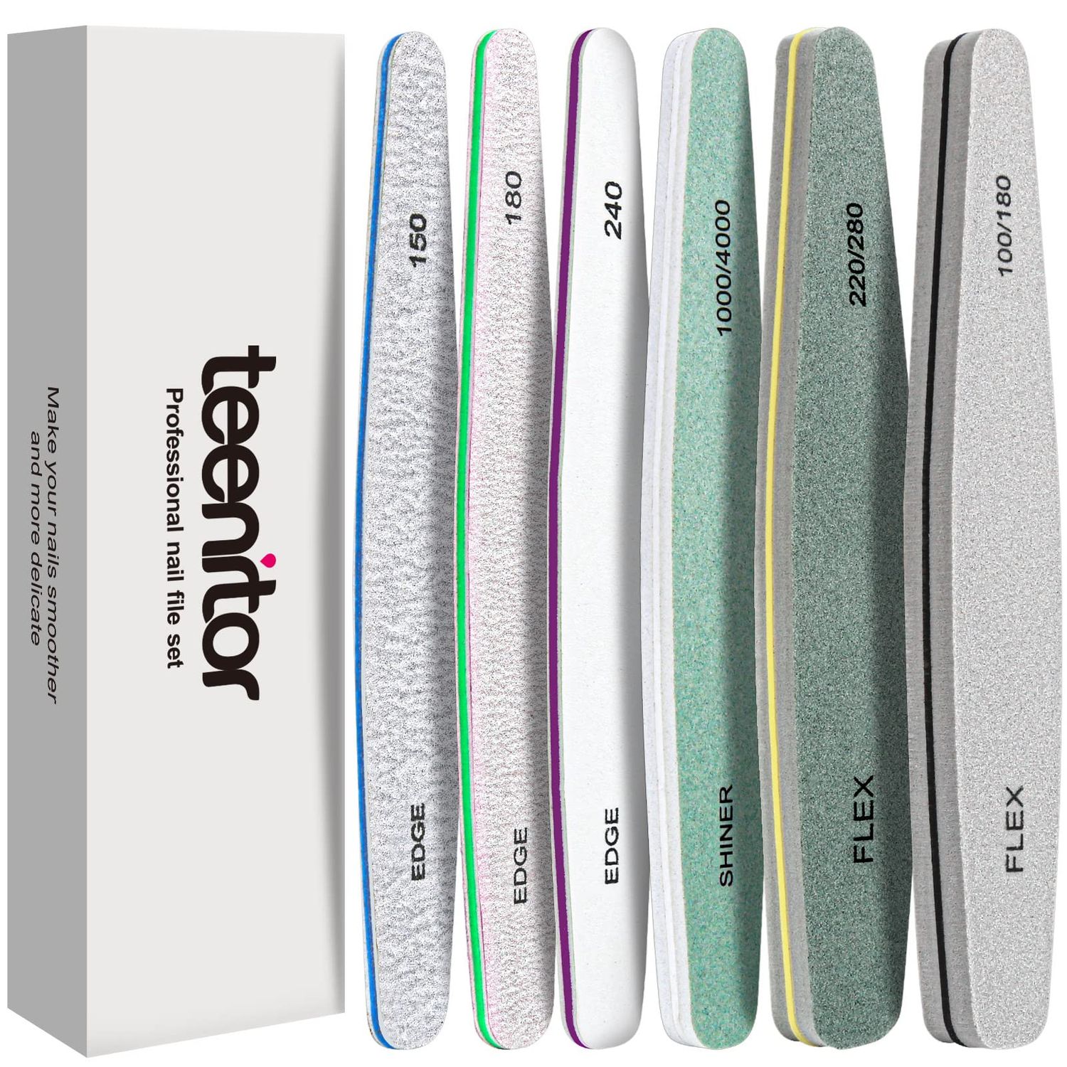 Teenitor Nail File Nail Buffer, 6 pcs Nail Files and Buffers for Natural Nails, Emery Boards for Nails, Nail Buffer and Shine Kit Nail Filer, Nail Buffer Block 100180 Grit Nail Files Fingernail Files