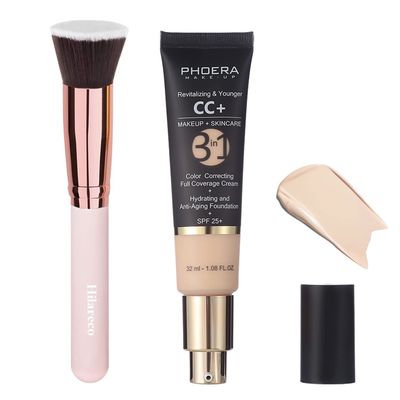 PHOERA CC Cream,Full Coverage FoundationColor Correcting Cream,Anti Aging Hydrating Serum &amp; SPF 25 Sunscreen - Natural Finish - 1.08 fl oz (100 Porcelain)