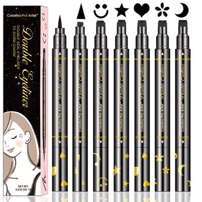 LemonSac 6 Pcs Double-sided Liquid Eyeliner Pen, with Eye Makeup Stamp Super Slim Gel Felt Tip, Waterproof Smudgeproof Long Lasting Eye Tattoo -HeartMoonStarFlowersSmileyTriangle (6PCS)