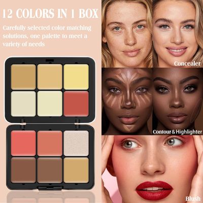 LSxia 12 Colors Cream BlushContourConcealerHighlighter Makeup Palette for Cheeks - Multi-functional Makeup Palette with Brush, Natural Matte Long Wearing, Waterproof Face Makeup Palette (#05)