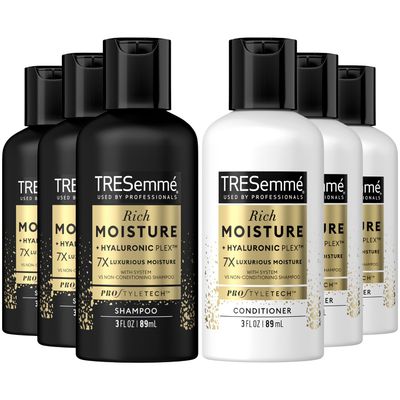 TRESemme Shampoo &amp; Conditioner, Sulfate-Free, Travel Size - Moisture Rich Hair Treatment for Dry, Damaged Hair, Mini Shampoo &amp; Conditioner Sets x 3 for Hair Repair, Scented, 3 Oz Ea (6 Piece Set)